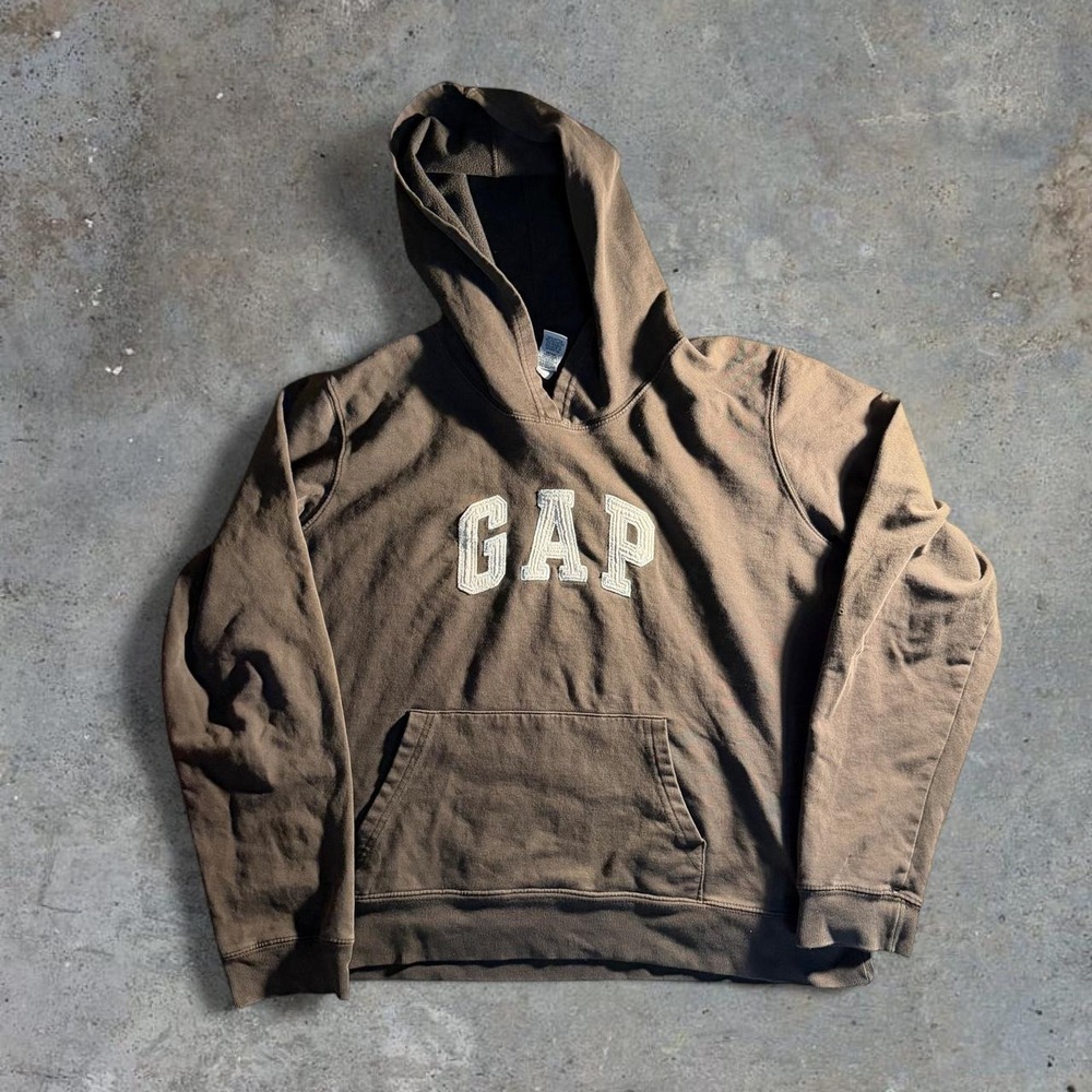 GAP Stretch Brown Logo Pullover Hoodie Mens Large Spellout Distressed Faded